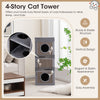39-inch tall gray cat condo featuring 4 stories, 3 hideaways, and sisal scratching posts for multiple cats.