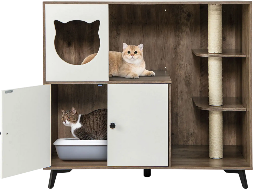 Cat litter box enclosure with play area, sisal scratching posts, and private potty space for indoor cats in natural.