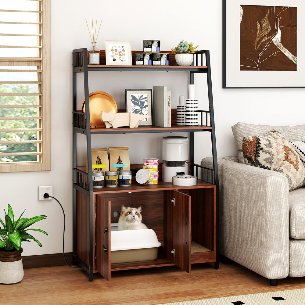 Cat Litter Box Enclosure with Storage Shelves and Scratching Pad-Walnut - Gallery View 1 of 10