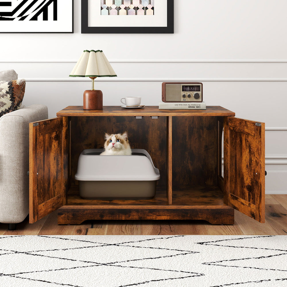 Cat Litter Box Enclosure Furniture Indoor Wooden Cat House End Side Table Nightstand-Brown - Gallery View 1 of 10