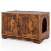 Wooden cat litter box enclosure in brown, featuring dual doors for easy access, stylish design, and spacious tabletop.