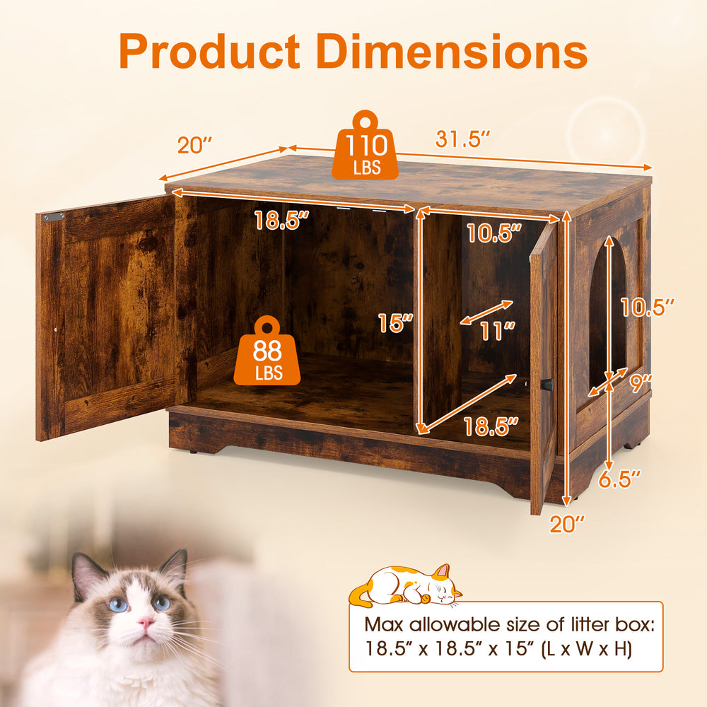 Cat litter box enclosure furniture in brown, featuring dual doors and spacious tabletop for stylish indoor use.