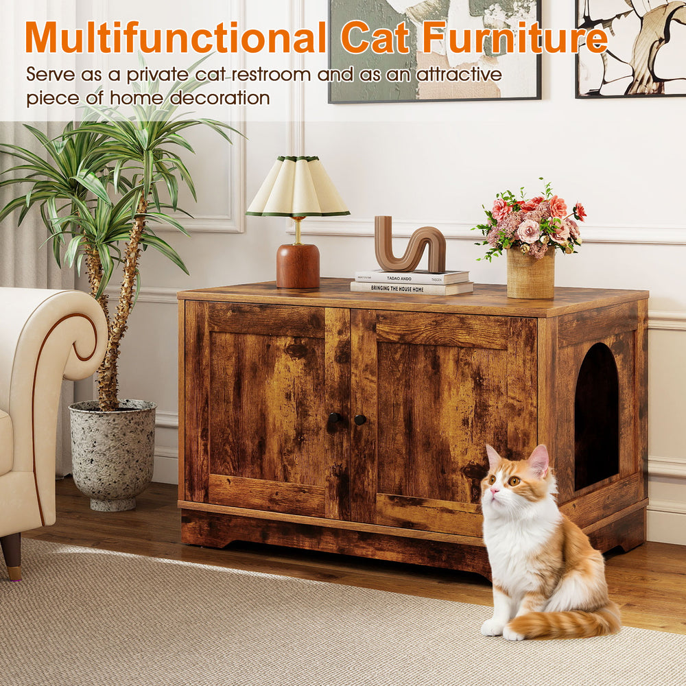 Wooden cat litter box enclosure in brown, serving as a stylish side table with dual doors for easy access and cleaning.