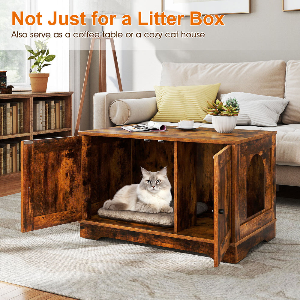 Wooden cat litter box enclosure with dual doors, serving as a stylish side table for home decor and easy access.