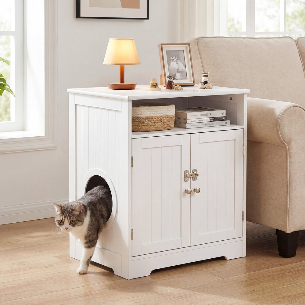 Cat litter box enclosure in white, serving as a multifunctional washroom and side table with easy access for cleaning.