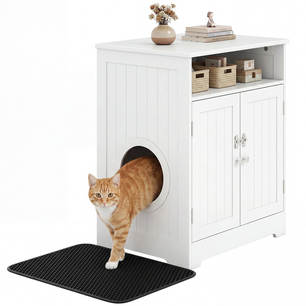 Cat litter box enclosure in white, multifunctional design with side entry, and spacious countertop for decor and.
