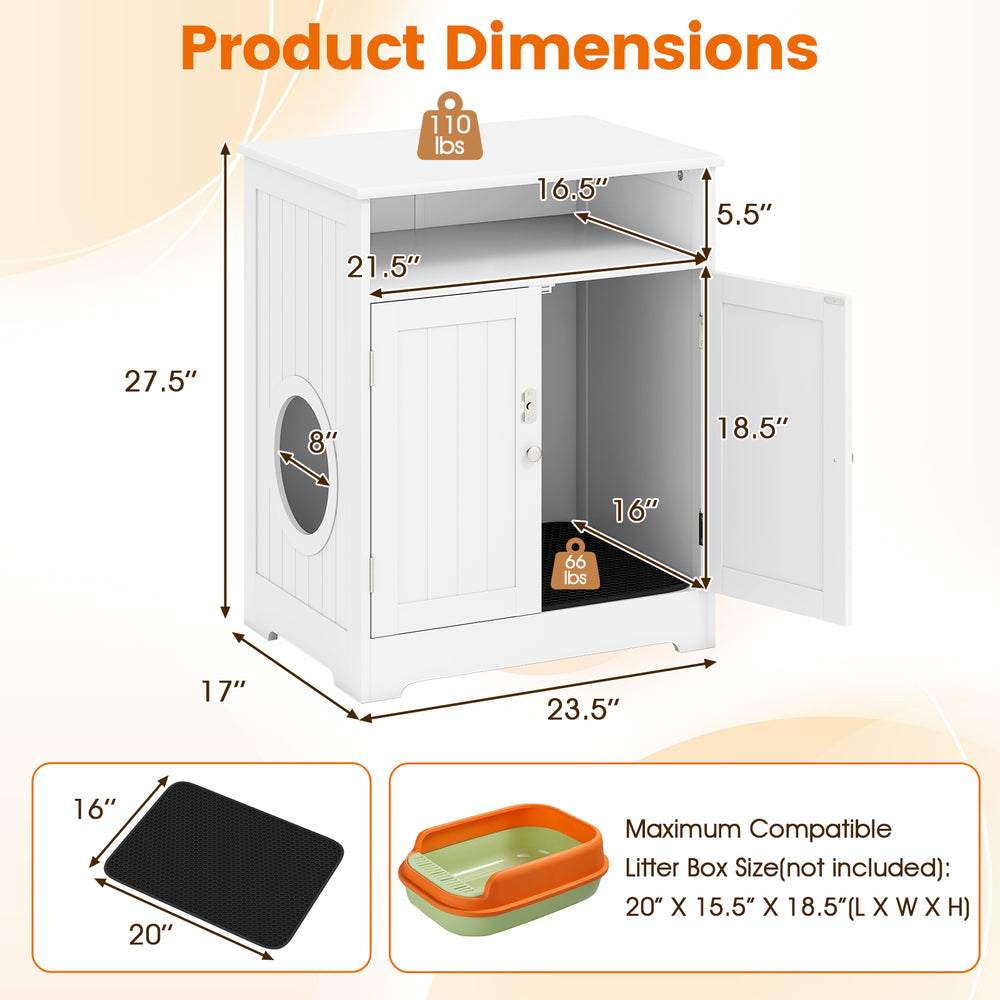 Cat litter box enclosure in white, multifunctional design with open compartment and dual doors for easy access and.