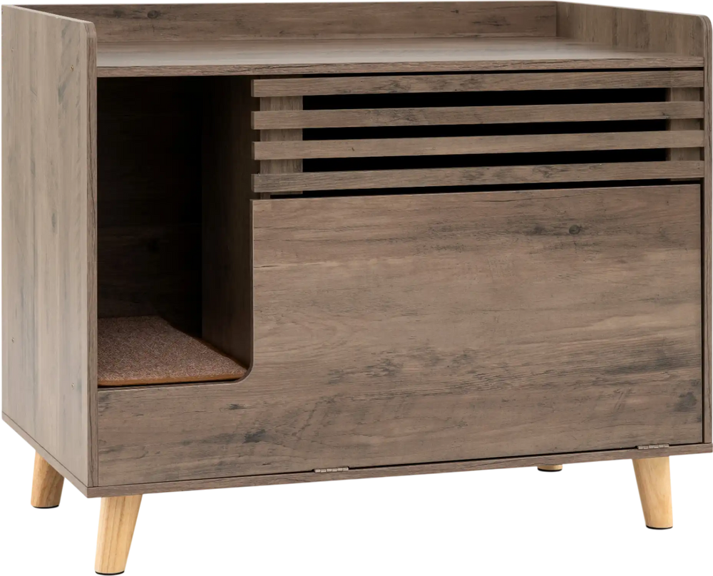 Cat litter box enclosure in brown with flip-down door, scratching mat, and farmhouse styling for discreet pet care.