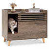 Cat litter box enclosure in brown with flip-down door, scratching mat, and farmhouse style for discreet pet care.