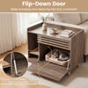 Cat litter box enclosure in brown with flip-down door, featuring a scratching mat for discreet pet care and easy.