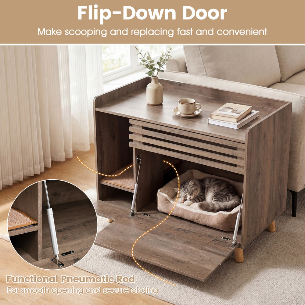 Cat litter box enclosure in brown with flip-down door, featuring a scratching mat for discreet pet care and easy.