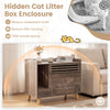 Cat litter box enclosure in brown with flip-down door, offering discreet storage and reducing odors for a cozy pet.