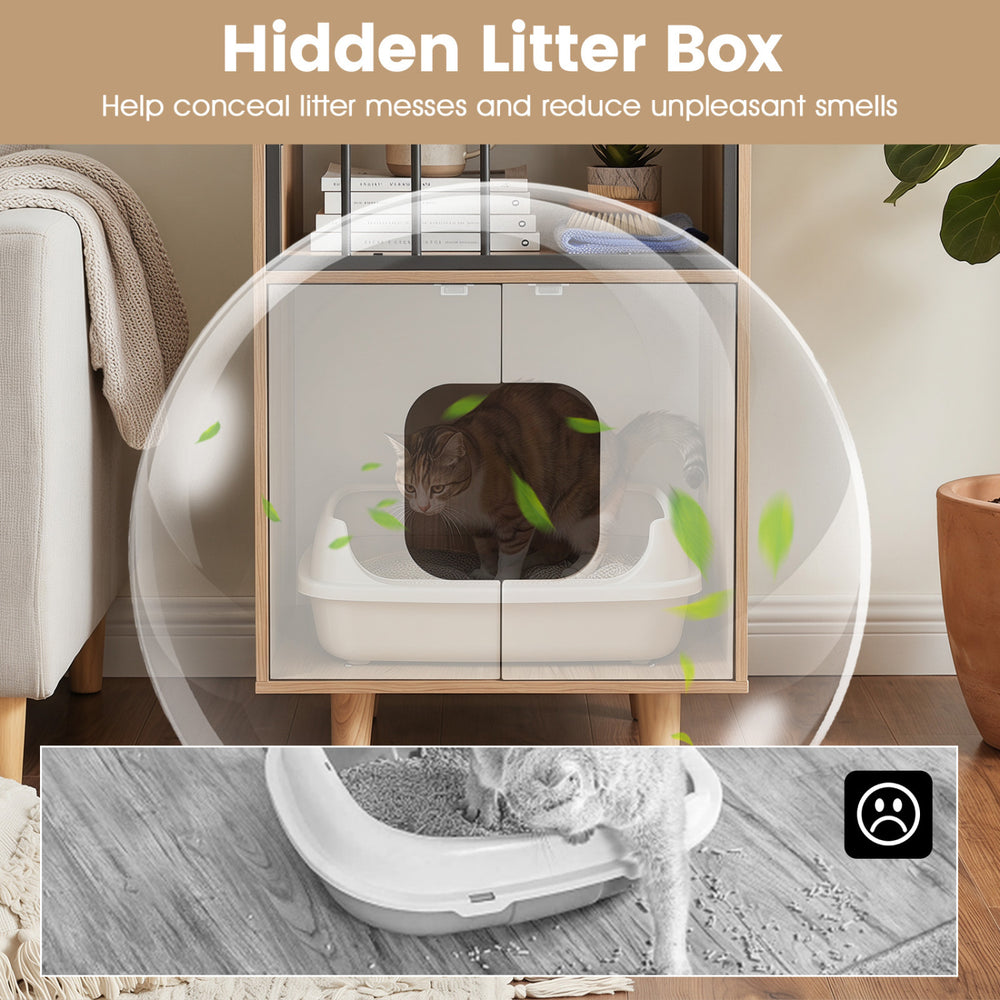 Modern cat litter box enclosure with double doors and decorative metal fence, perfect for indoor kittens and home decor.