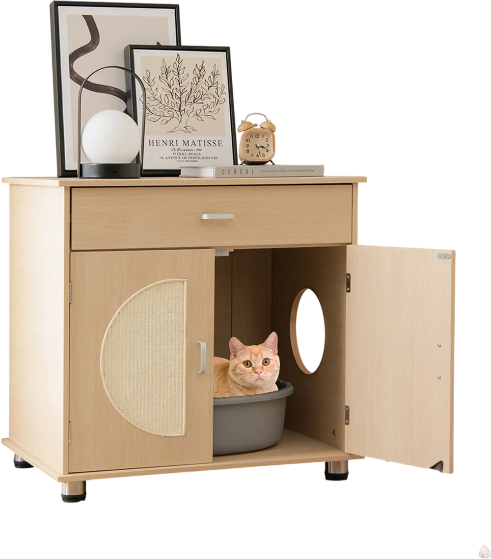 Cat litter box enclosure in natural wood with sisal scratching doors, providing private space and storage for cat.
