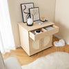 Cat litter box enclosure in natural wood with sisal scratching doors and storage drawers, perfect for discreet pet care.