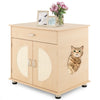 Cat litter box enclosure in natural wood with sisal scratching doors, providing private space and storage for pet.