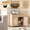 Cat litter box enclosure with sisal scratching doors, natural wood finish, and storage for toys and supplies.