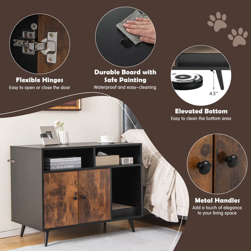 Cat litter box enclosure with storage compartments, featuring a durable board, metal handles, and elevated bottom for.