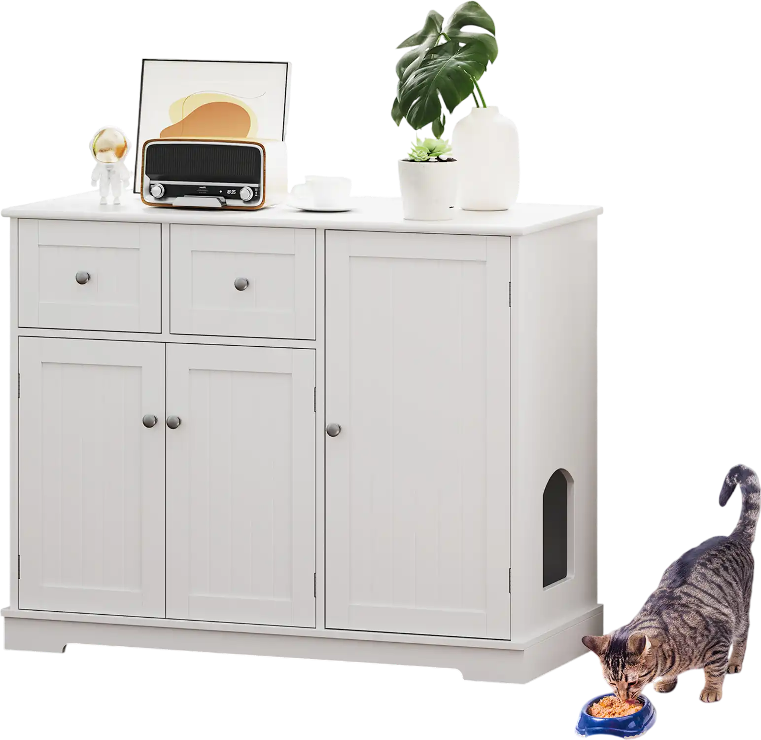Costway Cat Litter Box Enclosure 2 Drawers 3 Doors White 674215983 New