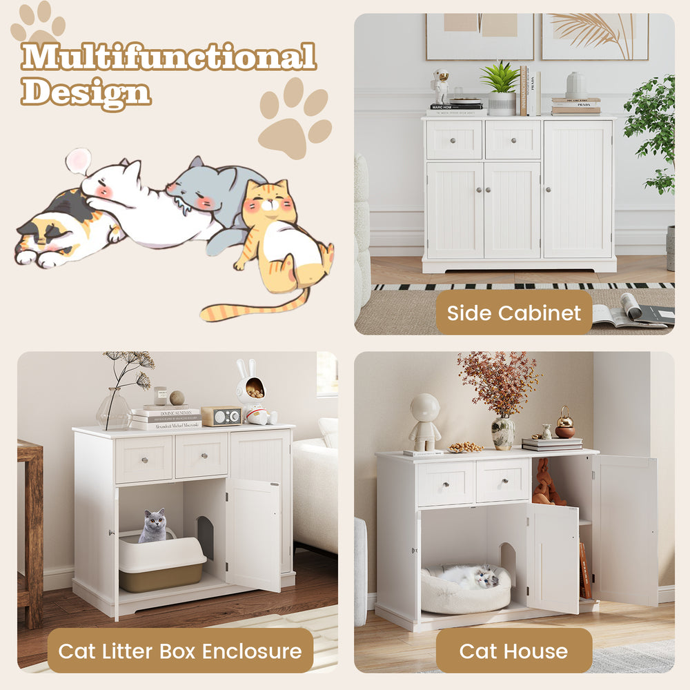 Cat litter box enclosure in white with 2 drawers and 3 doors, serving as a stylish side table and cozy cat house.