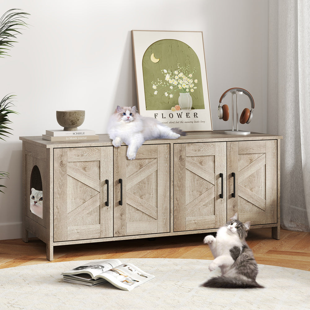 Cat litter box enclosure in hidden-oak finish with rustic barn doors, designed for 2 cats, doubles as a stylish side.