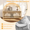 Cat litter box enclosure in oak finish with two compartments, stylish design, reduces odors and litter tracking.