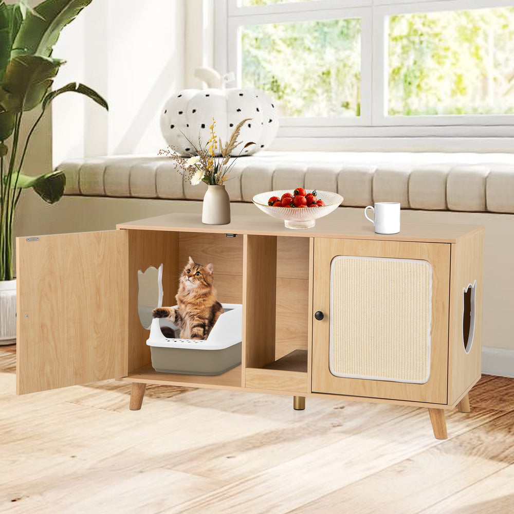 Cat litter box enclosure with double rooms, natural wood finish, and sisal scratching mats for discreet pet care.