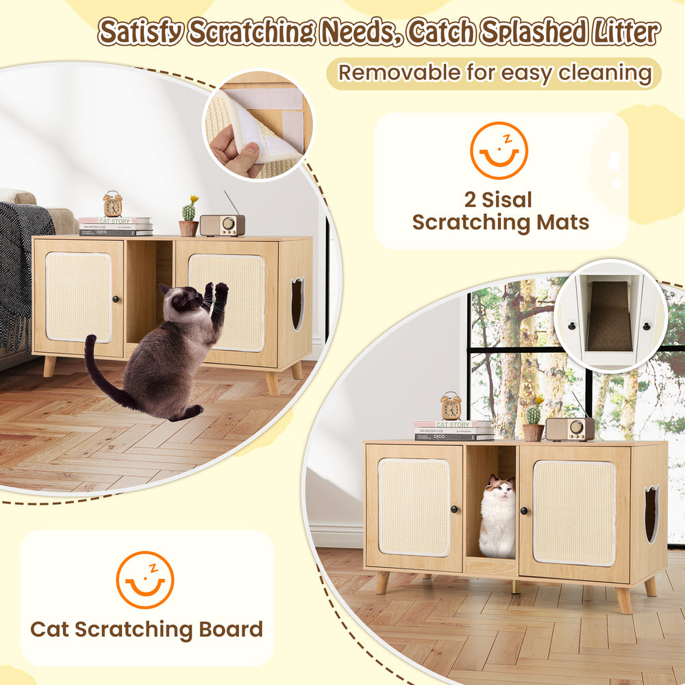 Cat litter box enclosure with double rooms, 2 sisal scratching mats, and natural wood finish for stylish pet care.