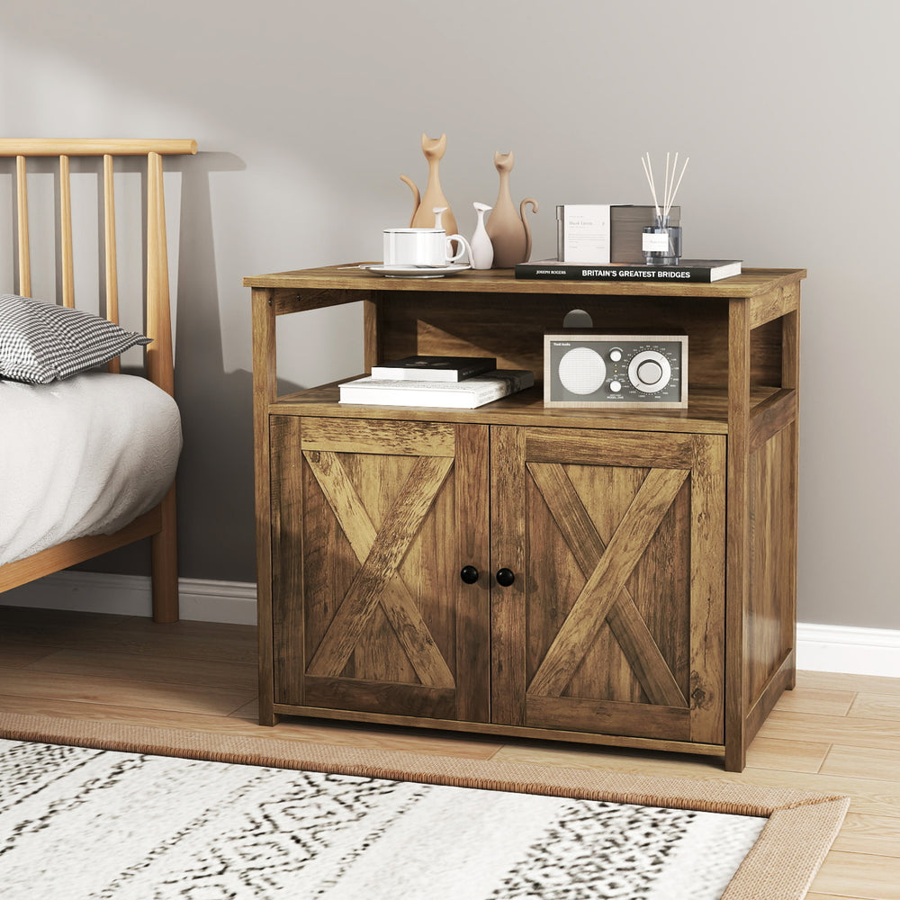 Cat litter box enclosure with double barn doors, rustic wood finish, and spacious storage shelf for tidy living spaces.