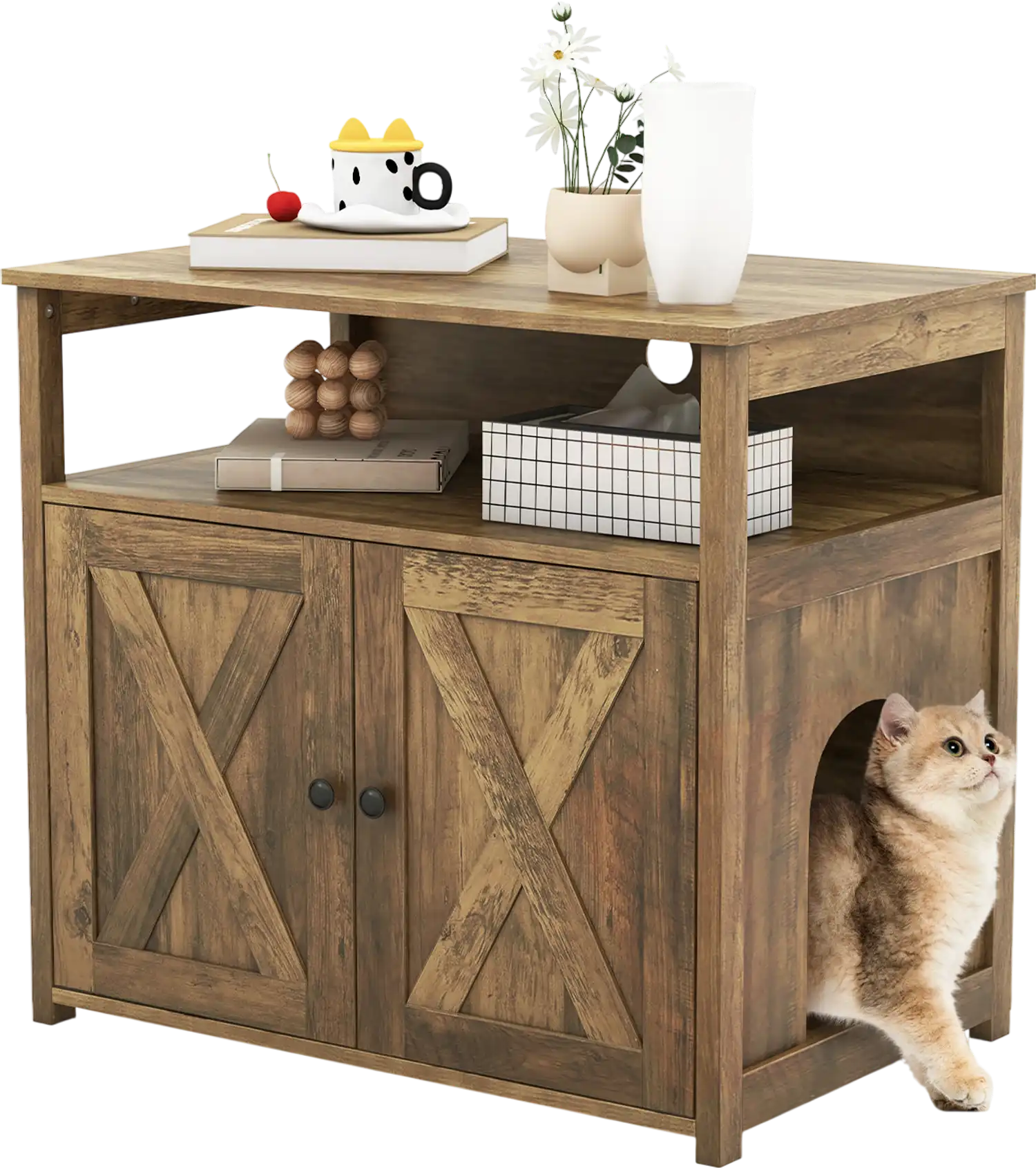 Costway Cat Litter Box Enclosure Barn Door Side Entry Storage Shelf 51324678 New