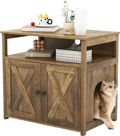 Costway Cat Litter Box Enclosure Barn Door Side Entry Storage Shelf 51324678 New