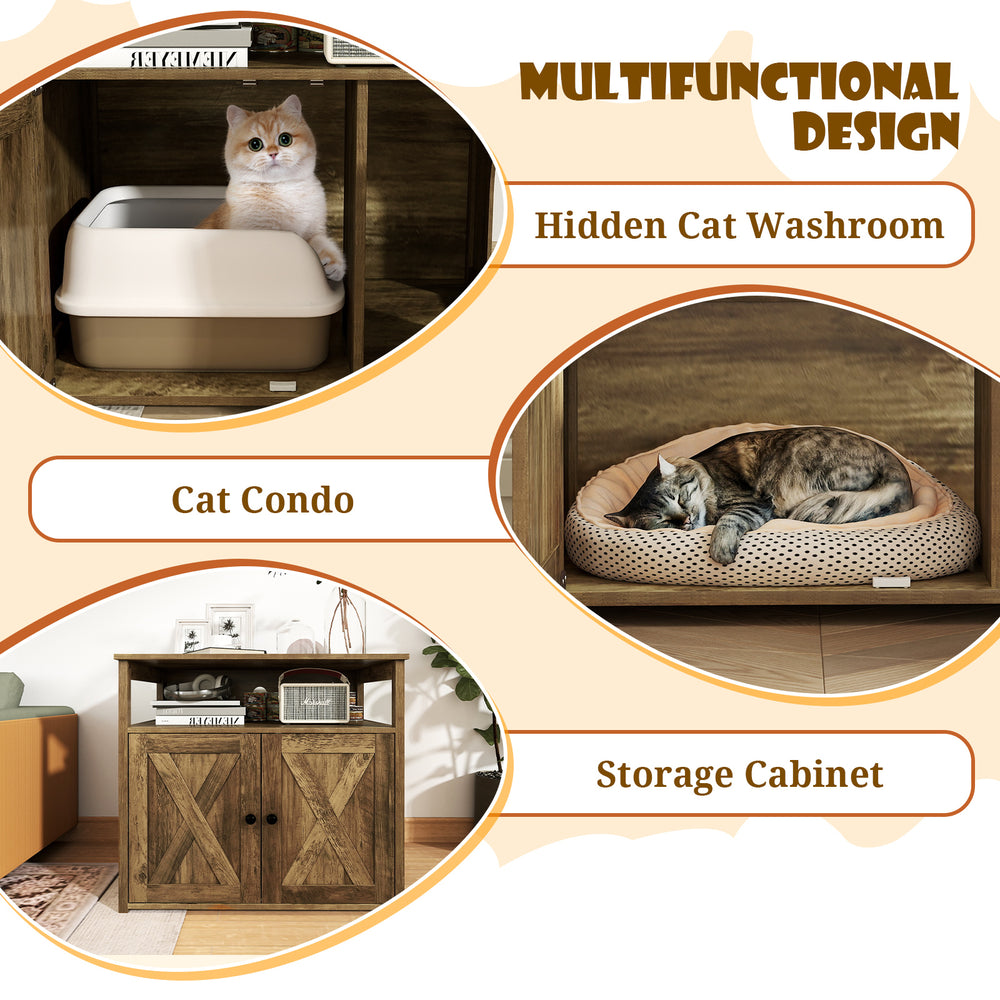 Cat litter box enclosure with double barn doors, side entry, and storage shelf for tidy, odor-free spaces.