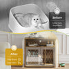 Cat litter box enclosure with double barn doors, side entry, and storage shelf for a tidy room and reduced odors.