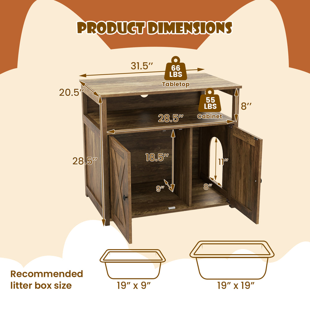 Cat litter box enclosure with double barn doors, side entry, and storage shelf for tidy organization and odor reduction.