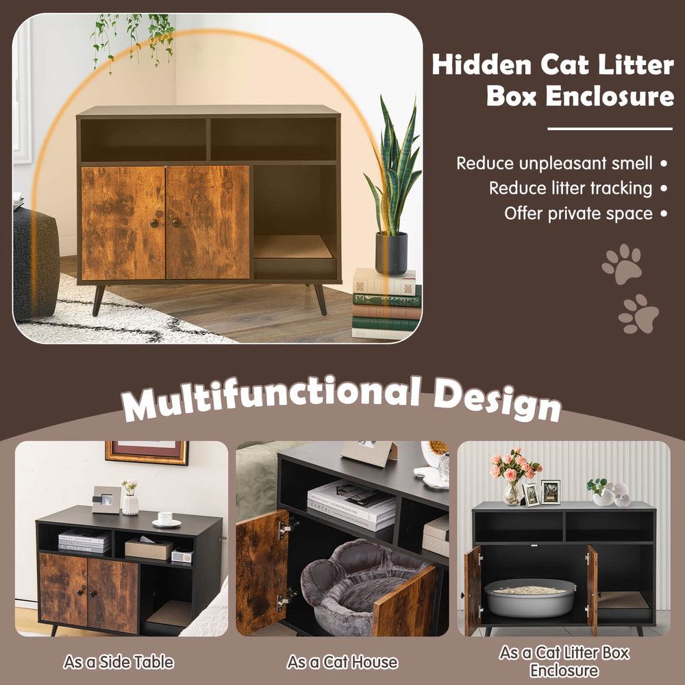 Cat litter box enclosure with compartments, showcasing a winding entry for cat exploration and a magnetic door catch.