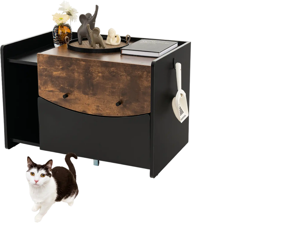 Cat litter box enclosure in black with a pull-out drawer, offering hidden space and easy access for cleaning.