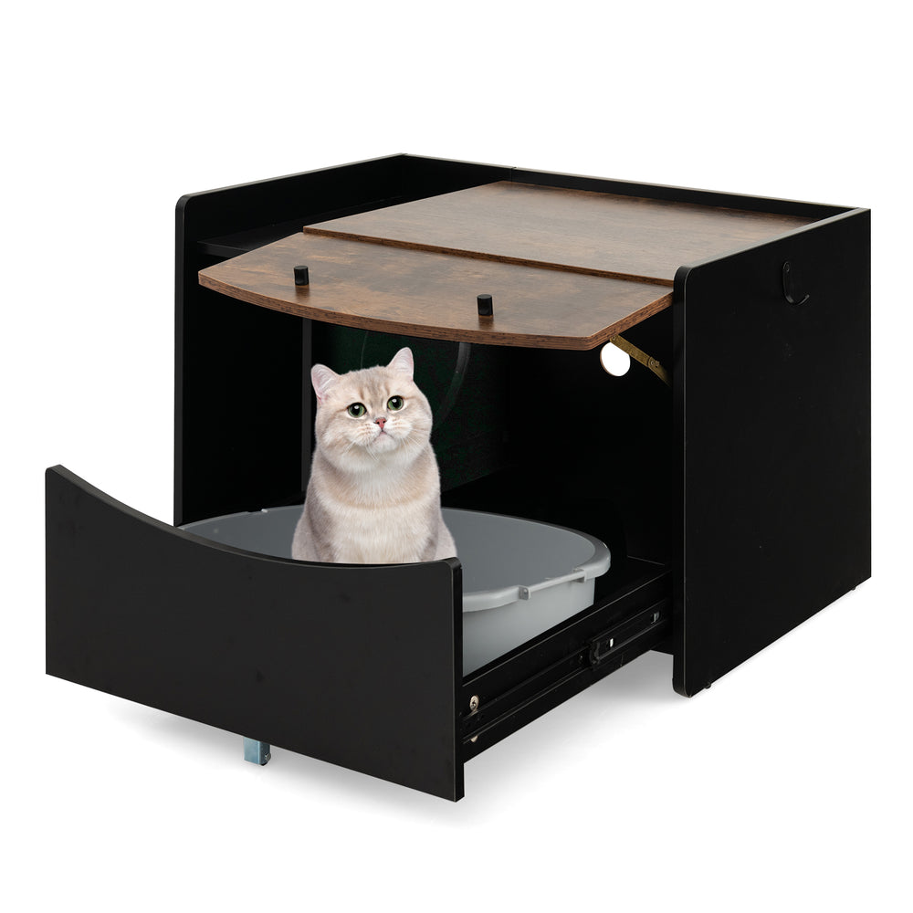 Cat litter box enclosure in black with pull-out drawer, flip door, and private space for easy cleaning and ventilation.