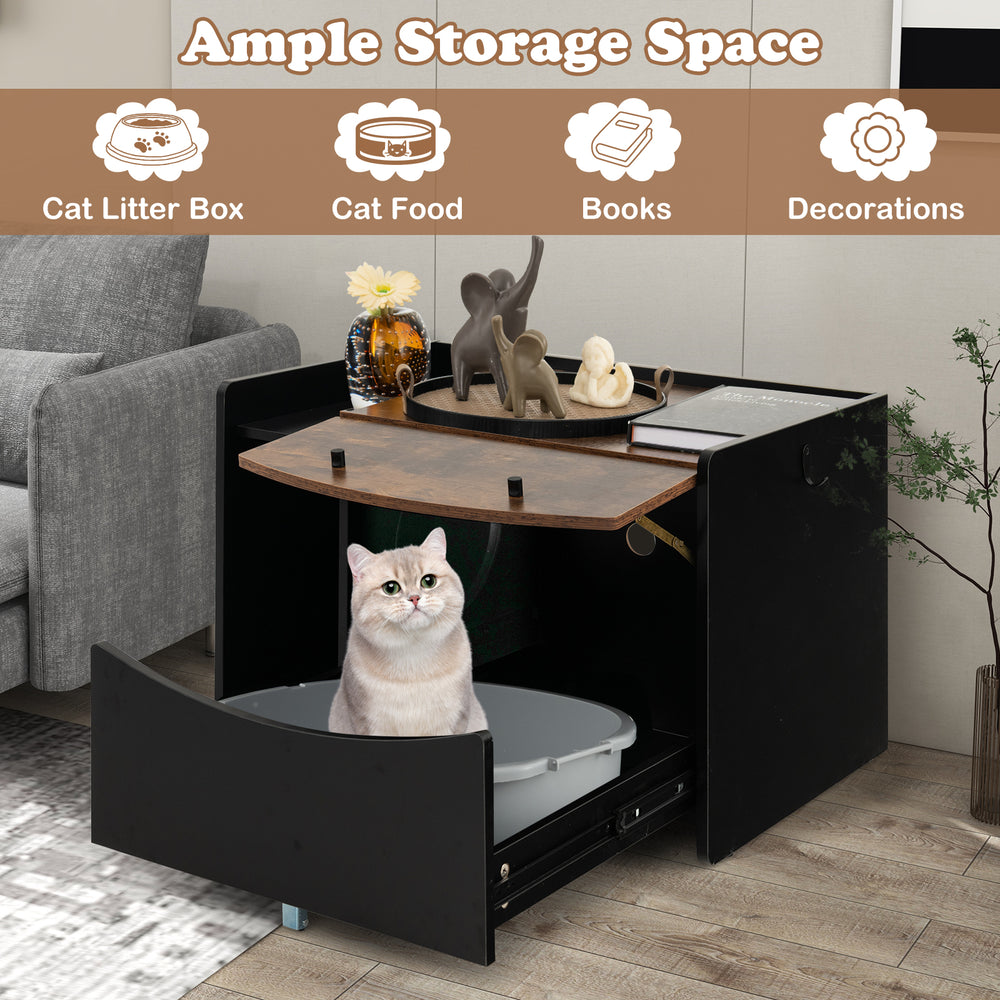 Cat litter box enclosure in black with pull-out drawer, designed for easy cleaning and discreet storage of cat supplies.
