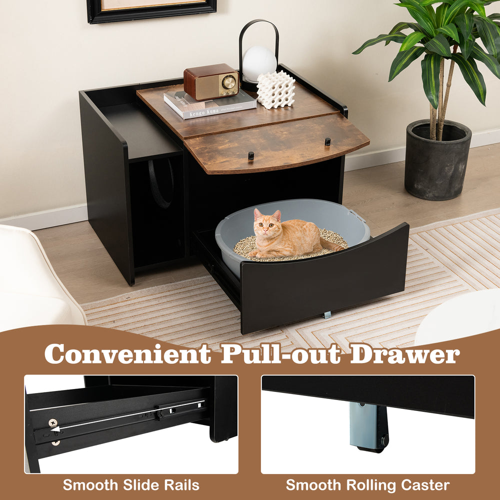 Cat litter box enclosure in black with pull-out drawer and smooth rolling caster for easy cleaning and access.