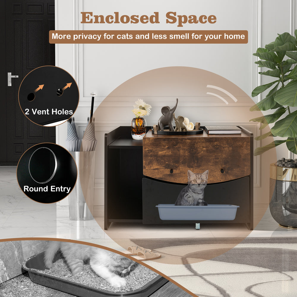 Cat litter box enclosure in black with pull-out drawer, flip door, and ventilated holes for easy cleaning and privacy.
