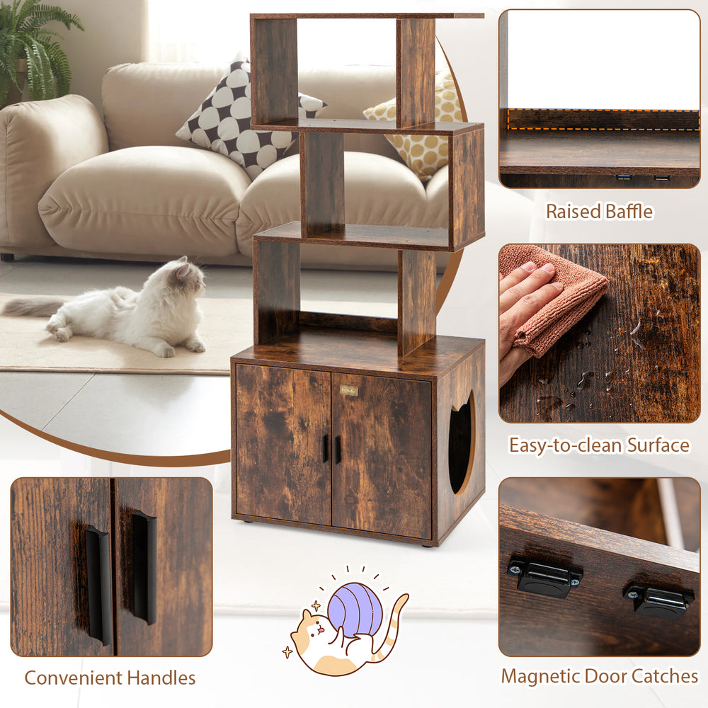 Tall cat litter box enclosure in rustic brown with geometric shelves, easy-clean surface, and side entry for pets.