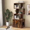 Tall rustic brown cat litter box enclosure with geometric shelves, side entry, and storage for organized living.