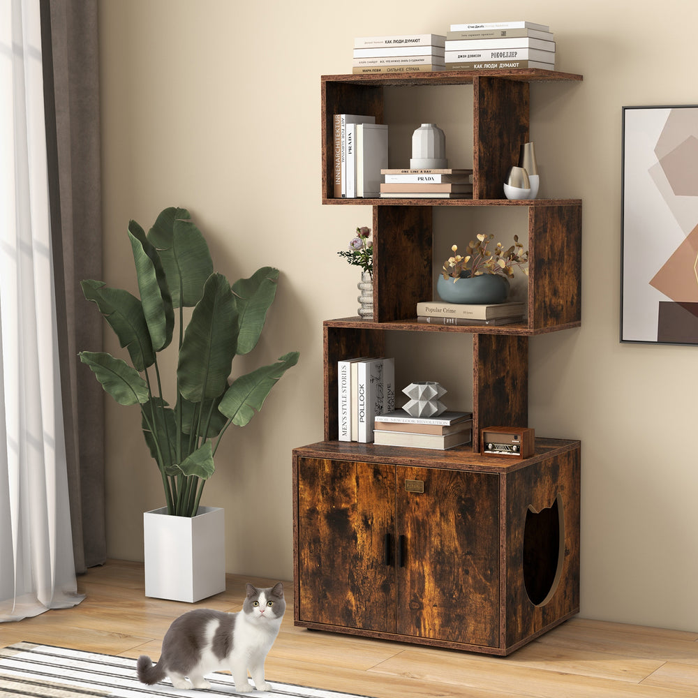Tall rustic brown cat litter box enclosure with geometric shelves, side entry, and storage for organized living.