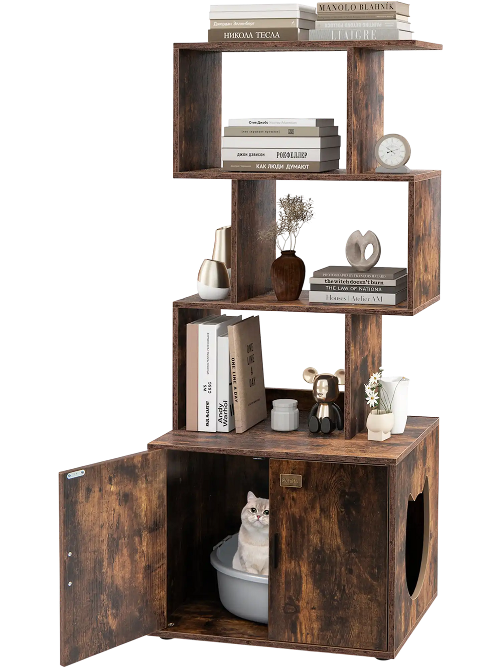 Rustic brown cat litter box enclosure with a hidden washroom, three air vents, and a wide top for decorative items.