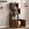 Tall rustic brown cat litter box enclosure with open shelves and side entry for easy access, ideal for organizing pet.
