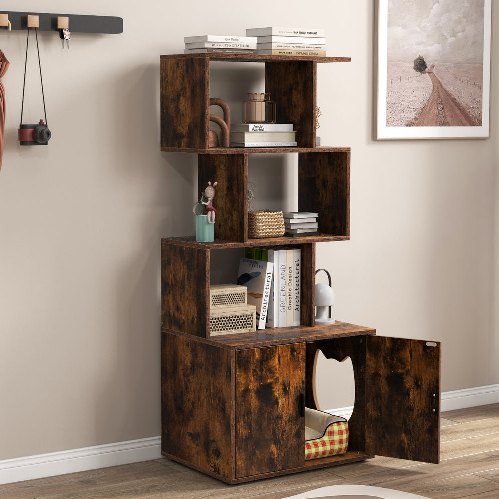 Tall rustic brown cat litter box enclosure with open shelves and side entry for easy access, ideal for organizing pet.