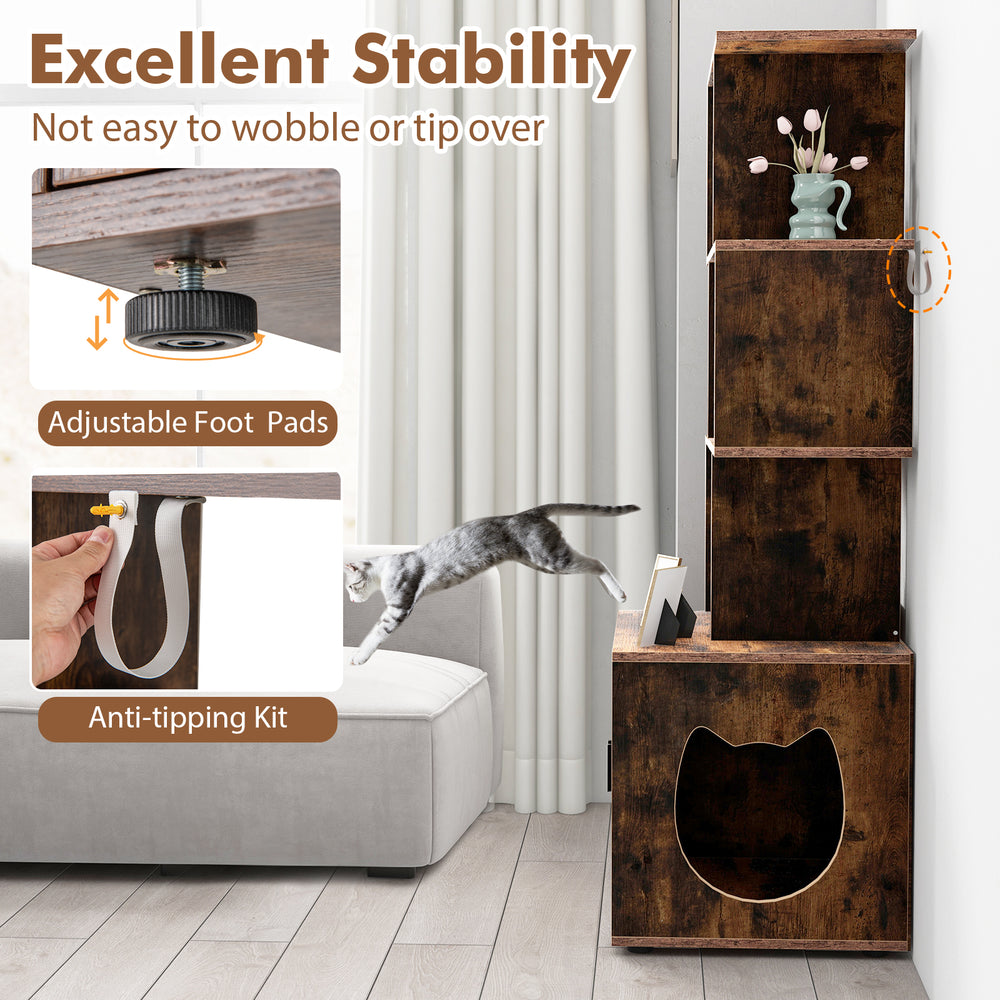 Tall rustic brown cat litter box enclosure with adjustable foot pads and anti-tipping kit for stability and.