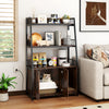 Cat litter box enclosure in rustic brown with storage shelves, featuring a scratching pad and ventilated design.