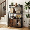 Rustic brown cat litter box enclosure with storage shelves, featuring a scratching pad and a cozy side entrance.