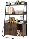 Cat litter box enclosure in rustic brown with storage shelves, scratching pad, and power station for organized pet care.